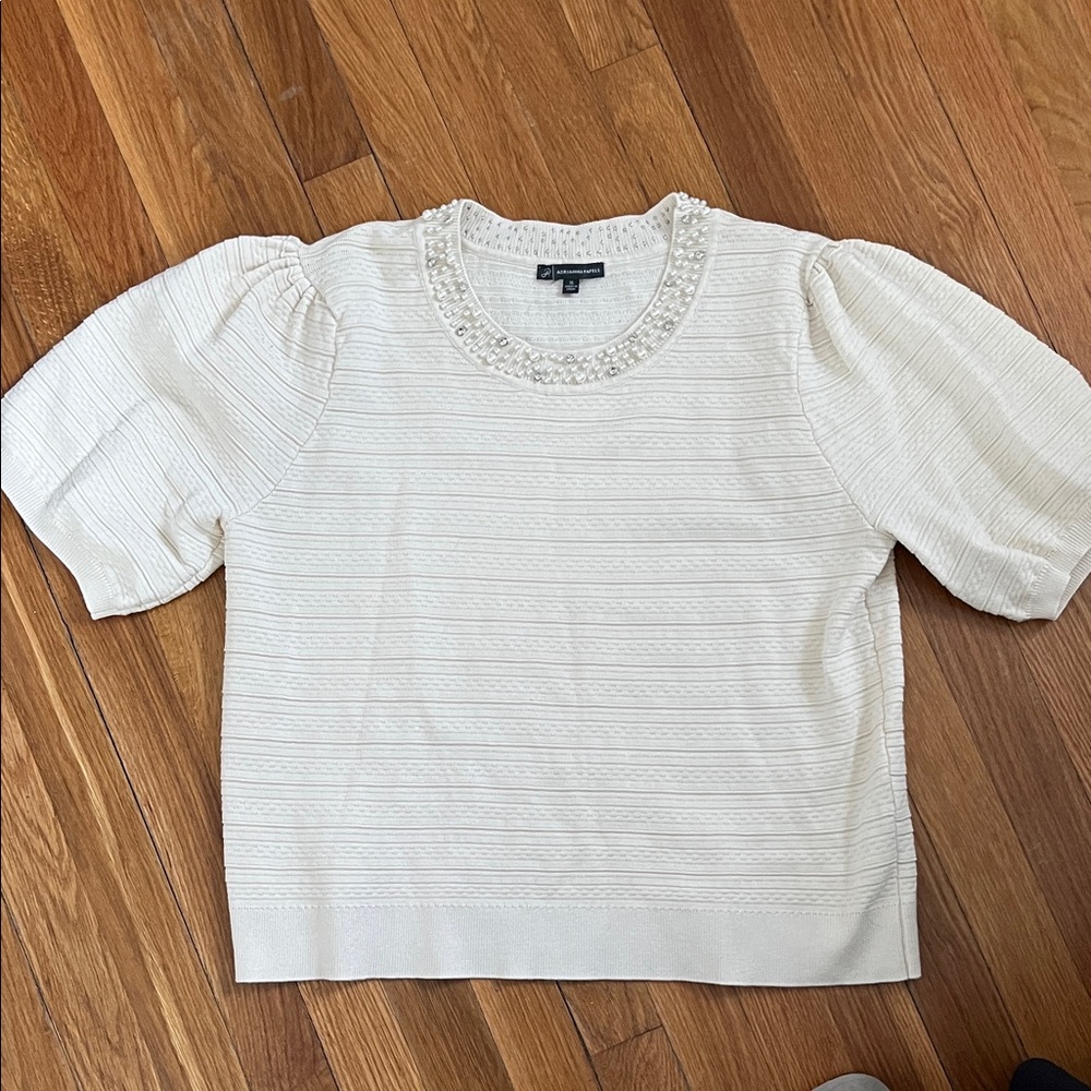 Adrianna Papell Ivory Embellished Neck Short Sleeve Sweater XL NWOT
